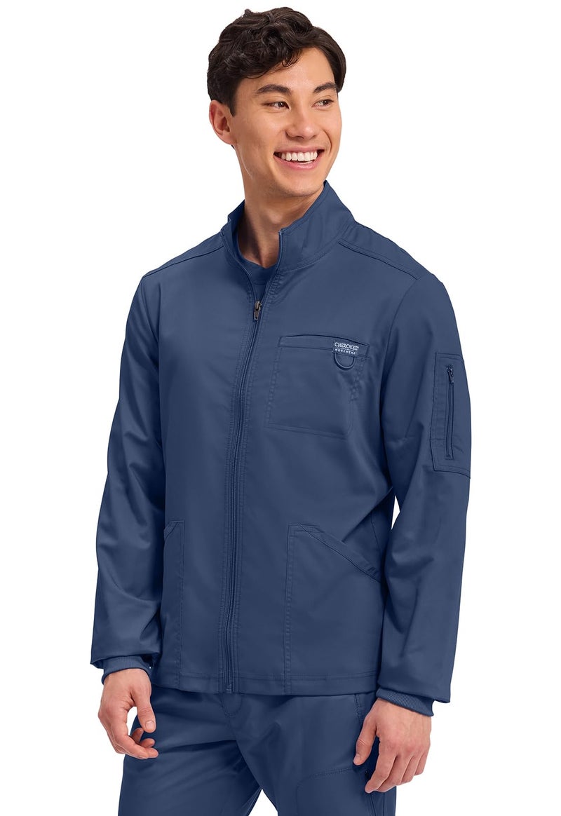 Cherokee Scrub Jacket Men's Zip Front Jacket with 5 Pockets, Bungee Loop, Rib-Knit Cuffs, Soft 2-Way Stretch Fabric Plus Size - WW320, 3XL, Navy - Image 2